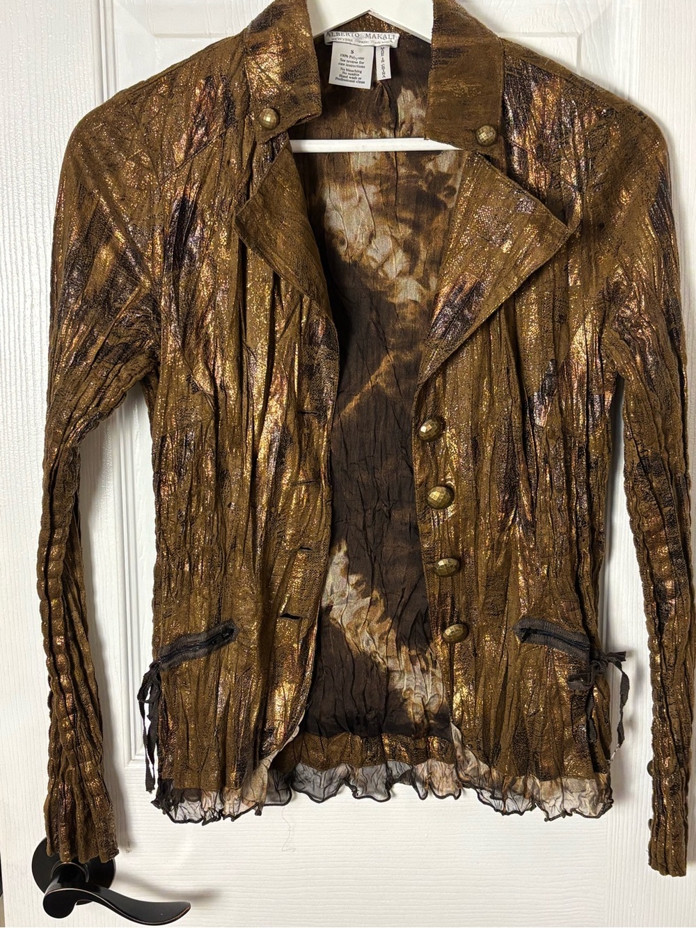 Vintage Alberto Makali Metallic Bronze Gold Crinkle Jacket Blazer S Y2K